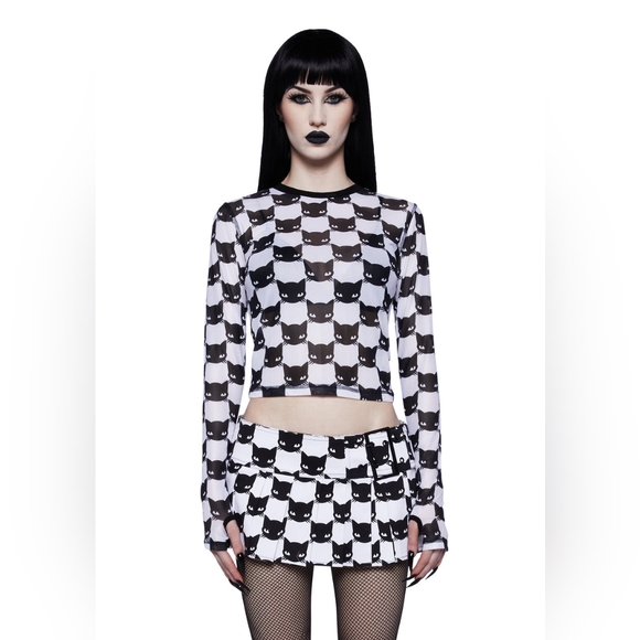 Emily The Strange Black and White Cat Print Long Sleeve Top - Picture 1 of 4